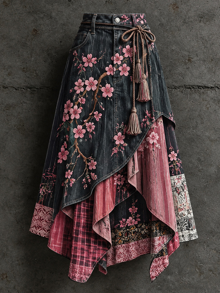 Women's Retro Style Art Print Irregularly Layered Stitched Skirt