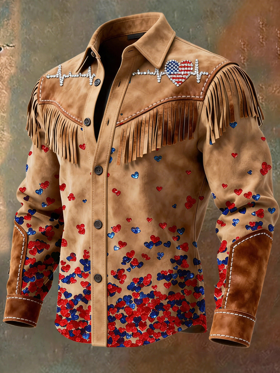Men's Retro 250th Anniversary National Flag Print Vintage Tassel Casual Long Sleeve Shirt