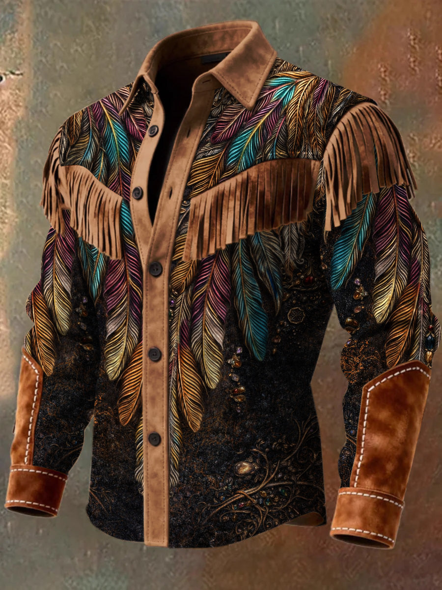 Men's Retro Western Style Art Print Vintage Tassel Casual Long Sleeve Shirt