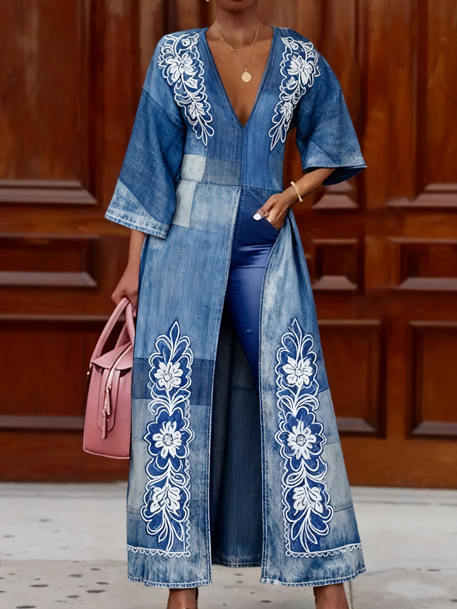 Retro Boho Denim Floral Art Print Vintage Long Split Shirts Dress Skinny Pants Two-Piece Set