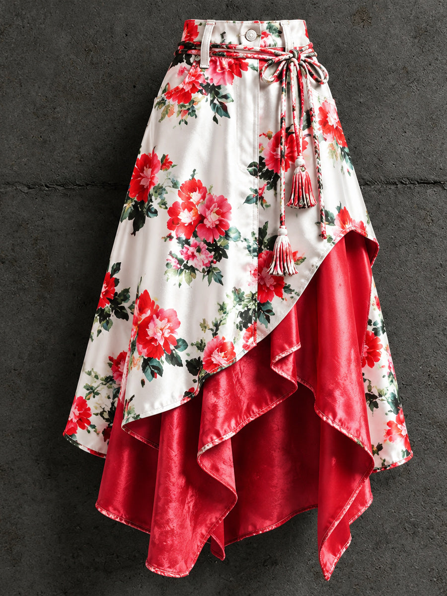 Women's Retro Style Art Print Irregularly Layered Stitched Skirt