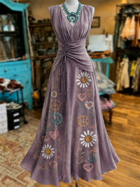Retro Style Art Printed Elegant V-Neck Vintage Short-Sleeved Maxi Dress