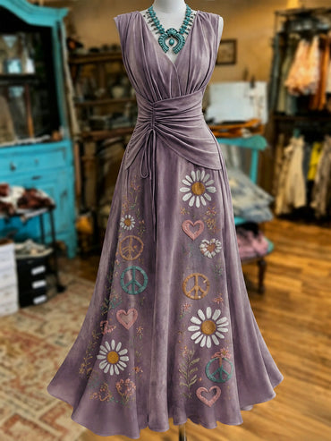 Retro Style Art Printed Elegant V-Neck Vintage Short-Sleeved Maxi Dress