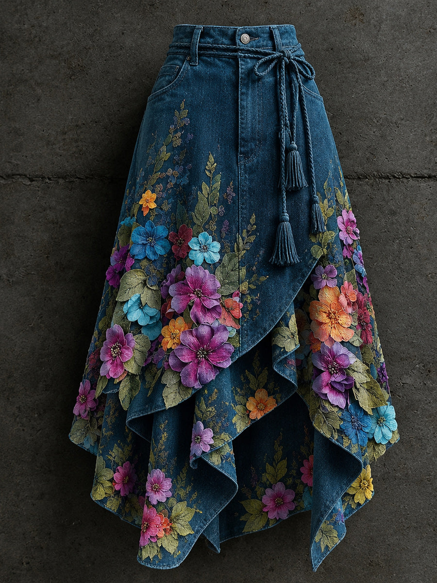 Women's Retro Style Art Print Irregularly Layered Stitched Skirt