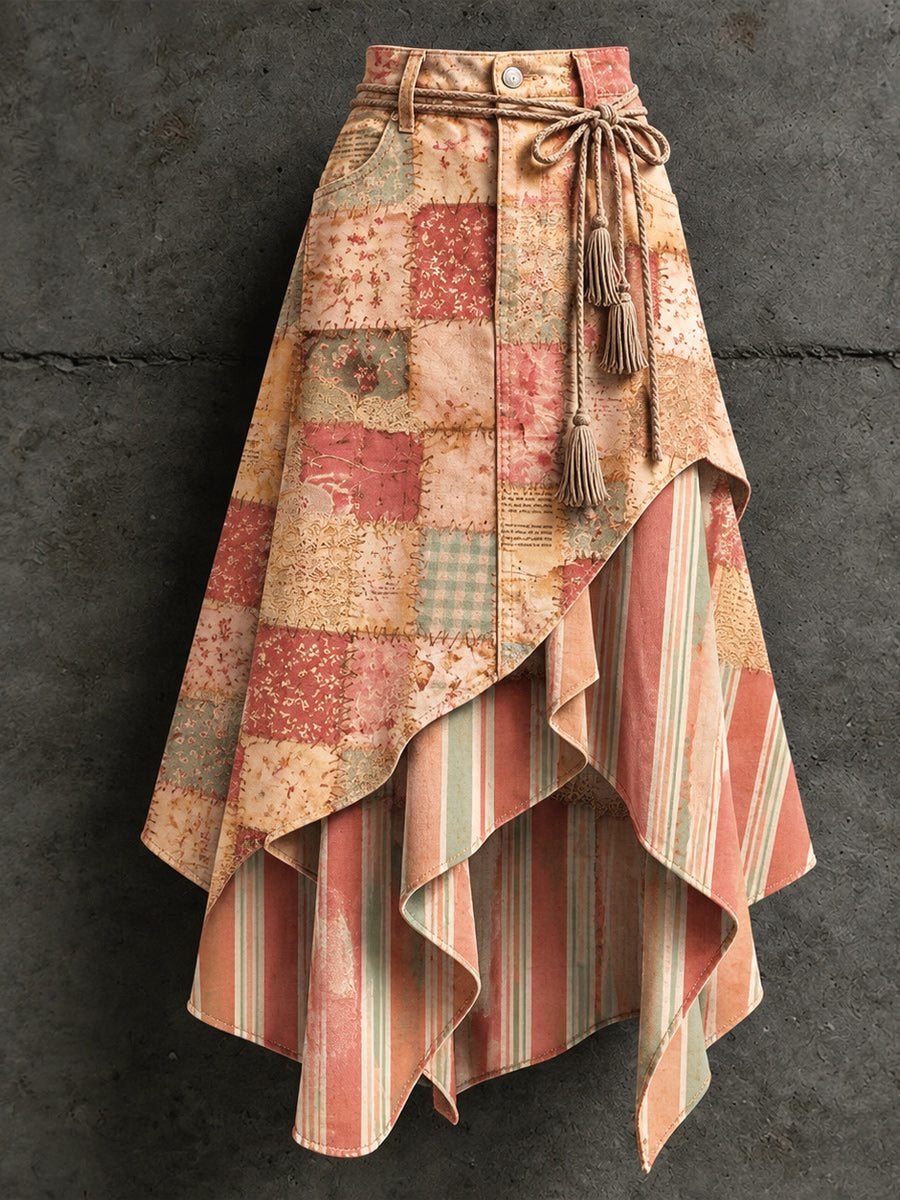 Women's Retro Style Art Print Irregularly Layered Stitched Skirt