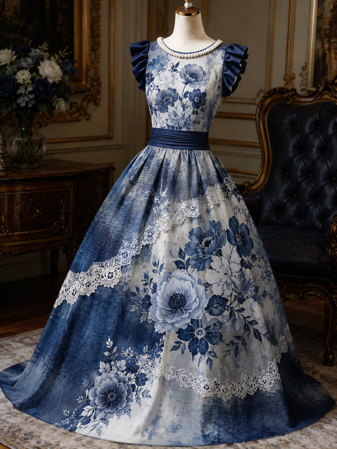 Retro Floral Art Printed Elegant V-Neck Ruffled Sleeves Maxi Dress