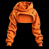 Women's Retro Halloween Black Cat Paw Bat Print Hoodie Two-piece Set