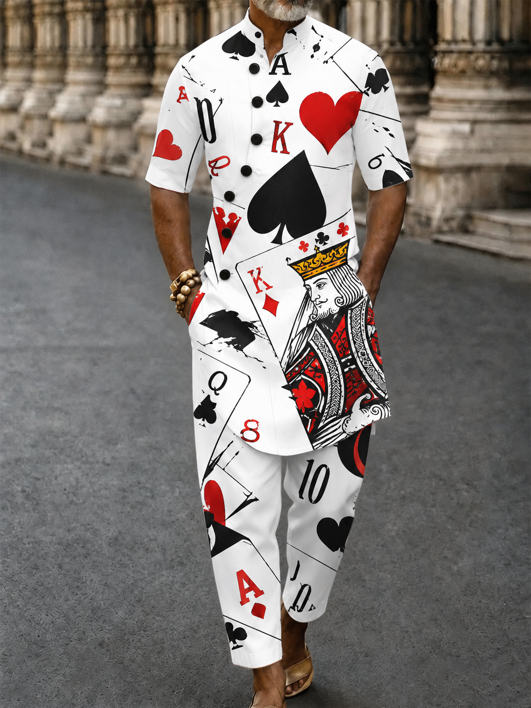 Men's Poker Card Art Casual Vacation Cotton Shirt Set