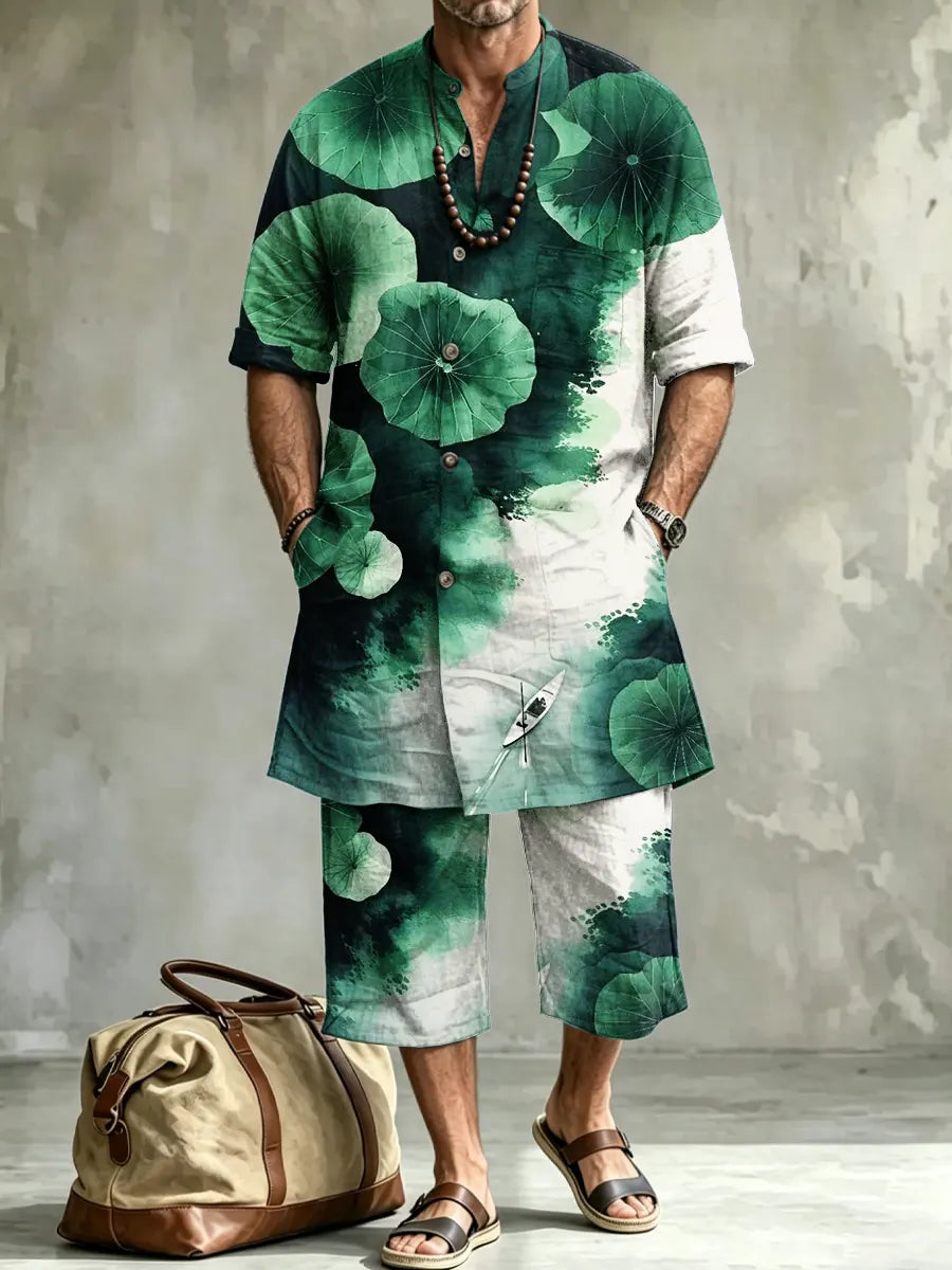 Men's Abstract Art Print Casual Henley Collar Short-sleeve Linen Top Shorts Two-piece Set