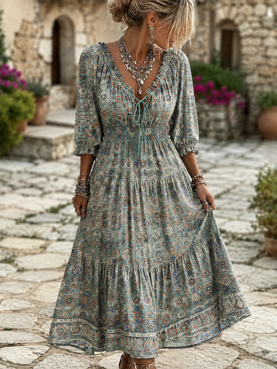 Retro Floral Art Print V-Neck Midi Dress