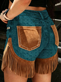 Women's Retro Style Art Print Casual Leather Fringe Patchwork Pocket Shorts