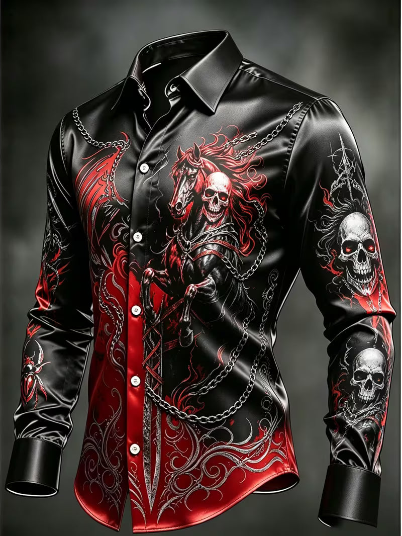 Gothic Skull Halloween Art Print Vintage Casual Long Sleeve Shirt