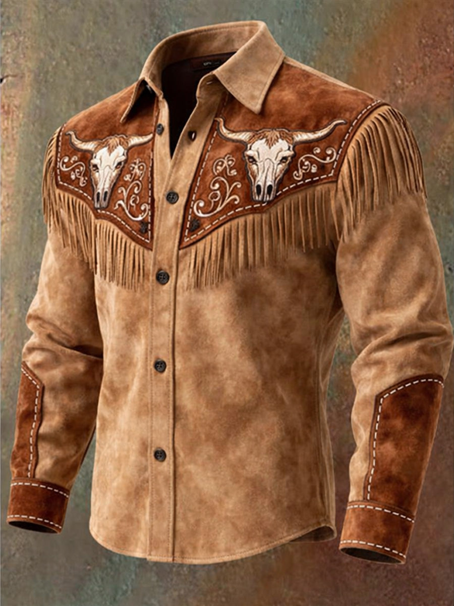 Men's Retro Western Style Art Print Vintage Tassel Casual Long Sleeve Shirt