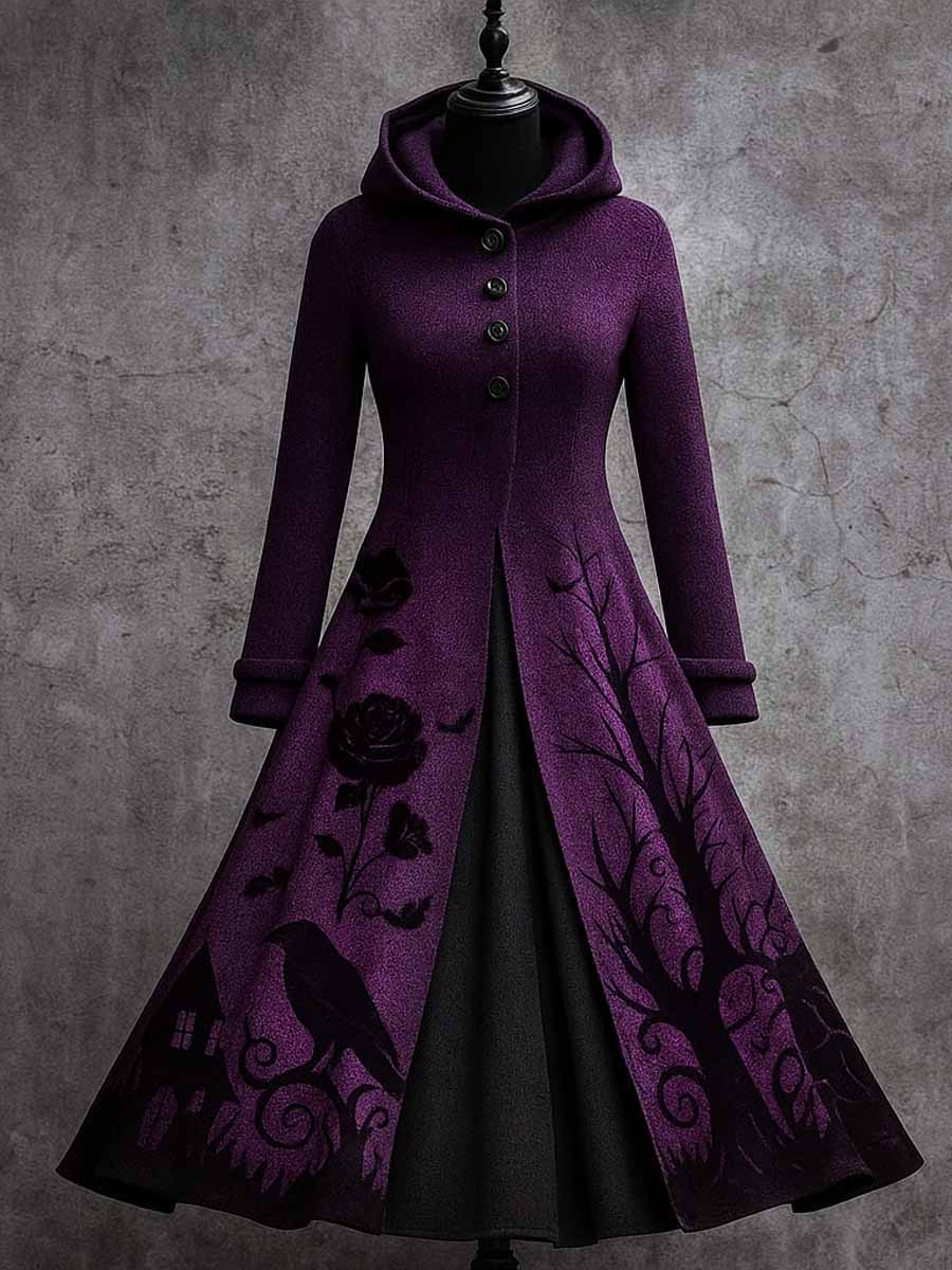 Raven Floral Art Print Long Sleeve Maxi Dress Hooded Dress