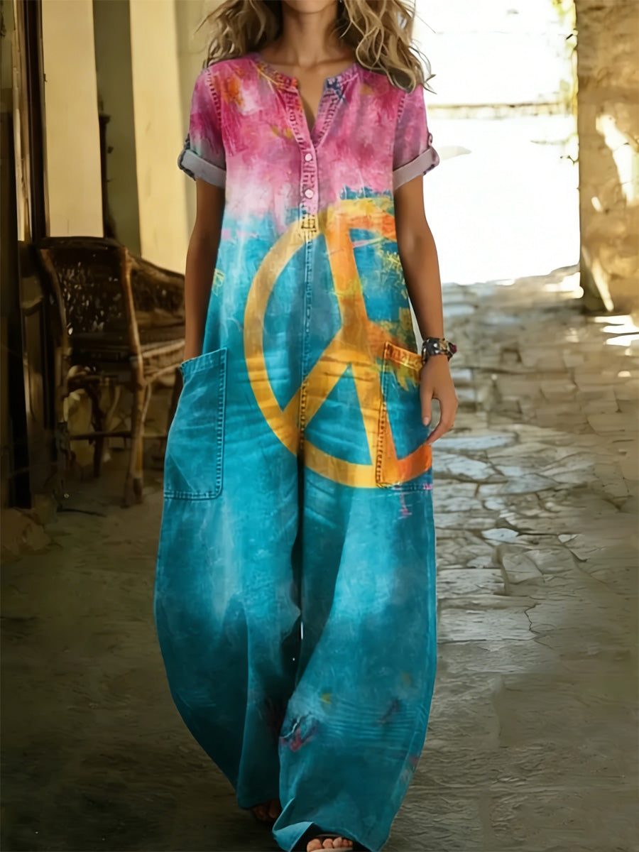 Women's Retro Floral Color-Blocked Art Print Washed Cotton Denim Patchwork Jumpsuit