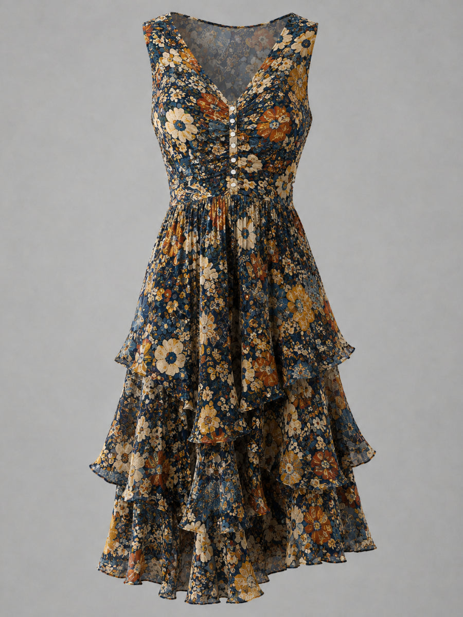 Floral Art Printed Vintage V-Neck Sleeveless Midi Dress
