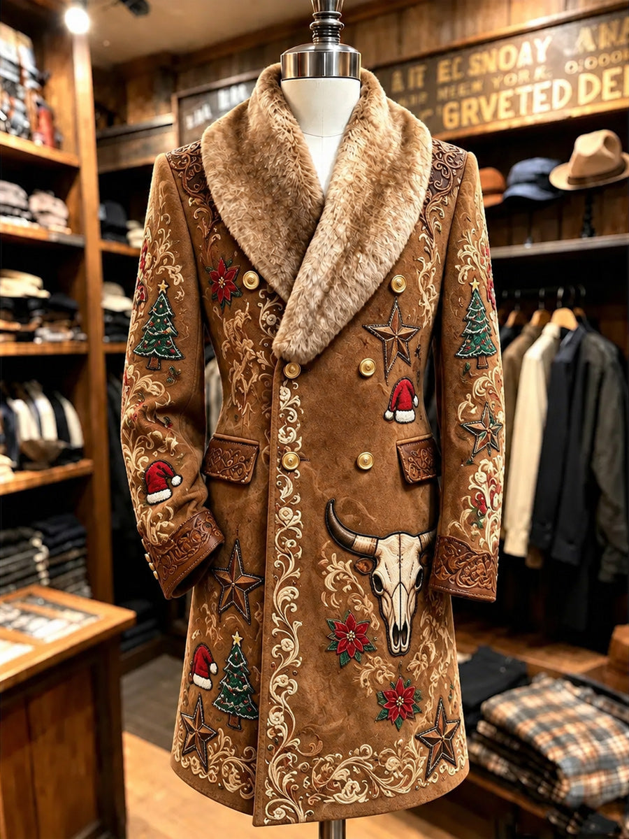 Men's Christmas Art Print Fur Shawl Collar Double Breasted Long Overcoat