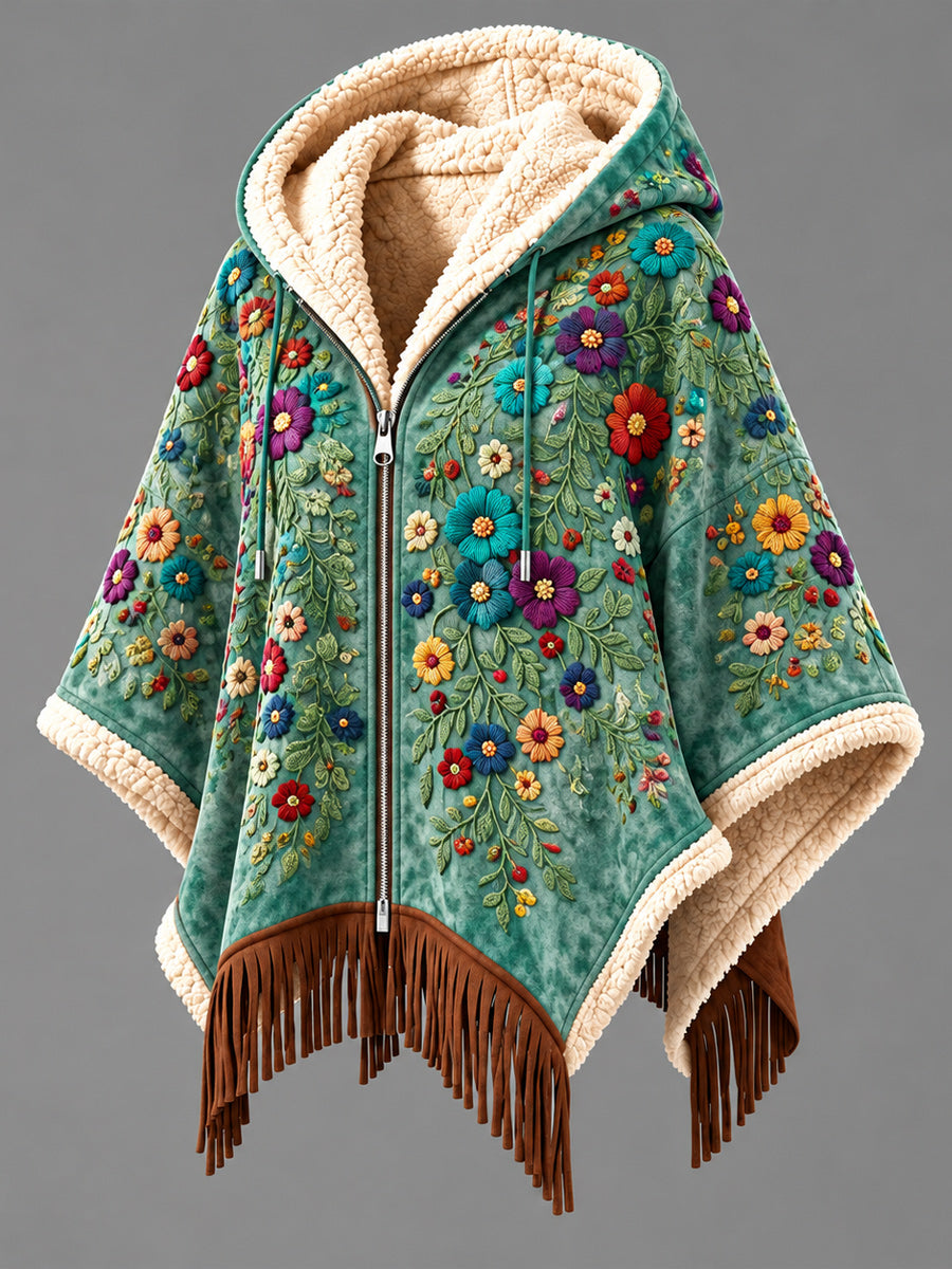 Women's Fall Winter Vintage Art Fleece-Lined Hooded Fringe Poncho