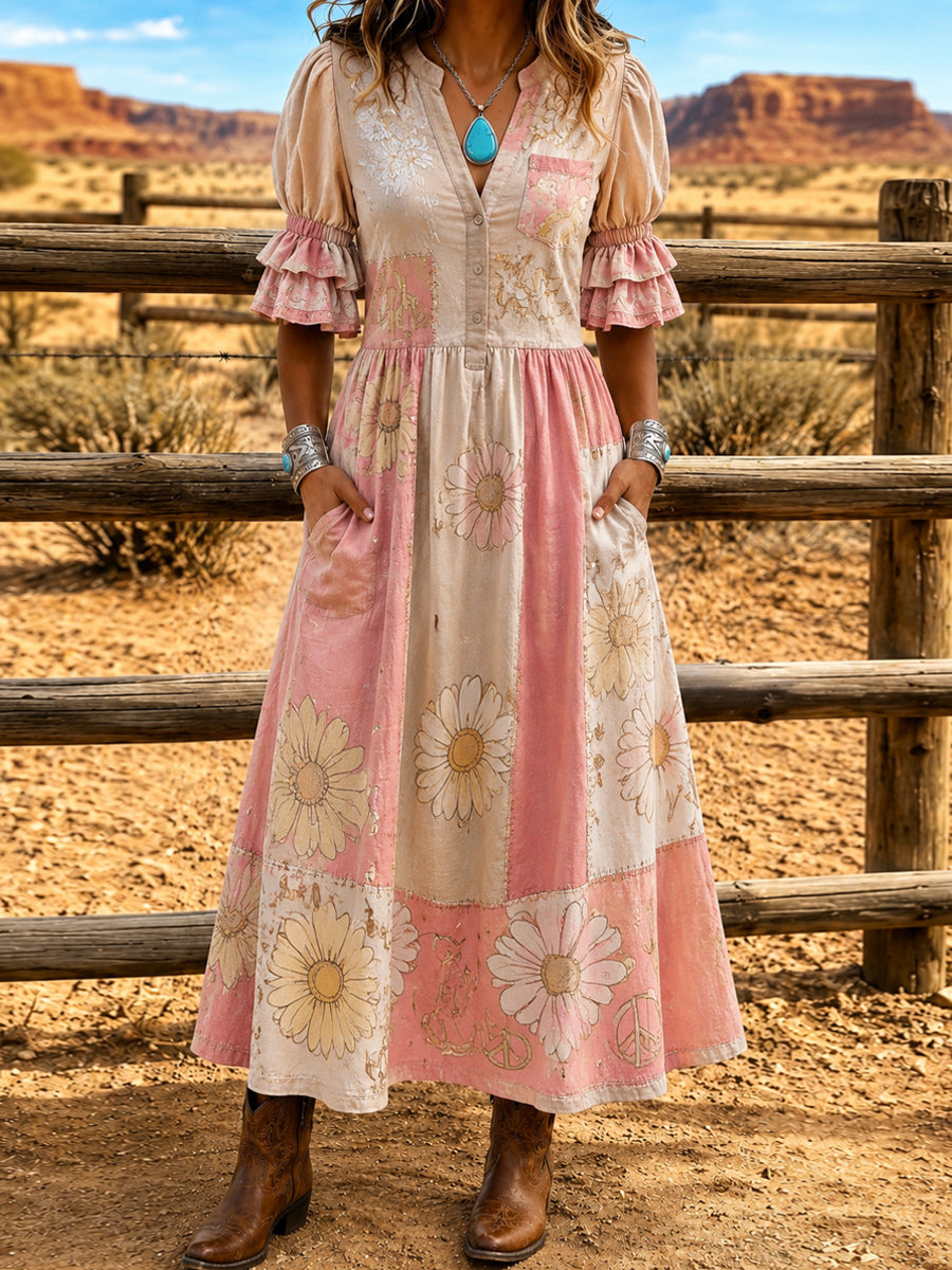 Women's Retro Hippy Art Print Washed Cotton Lace Patchwork Midi Dress