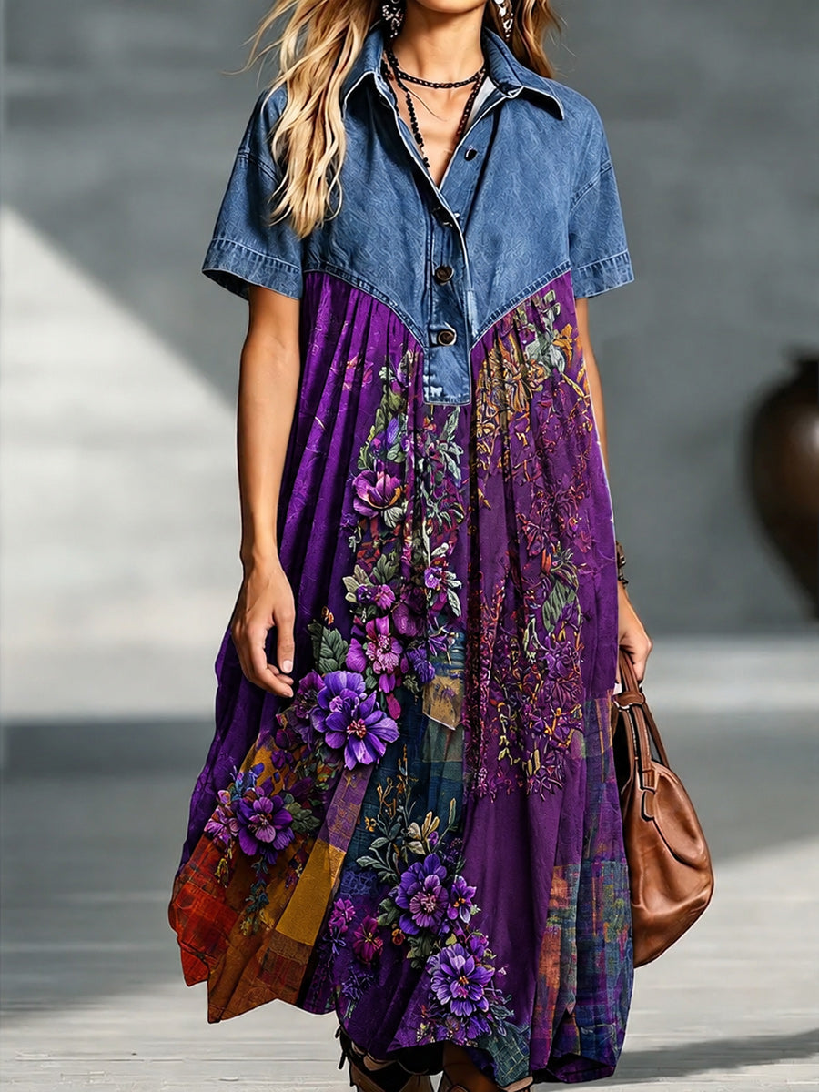 Denim Spliced Gradient Floral Shirt Maxi Dress