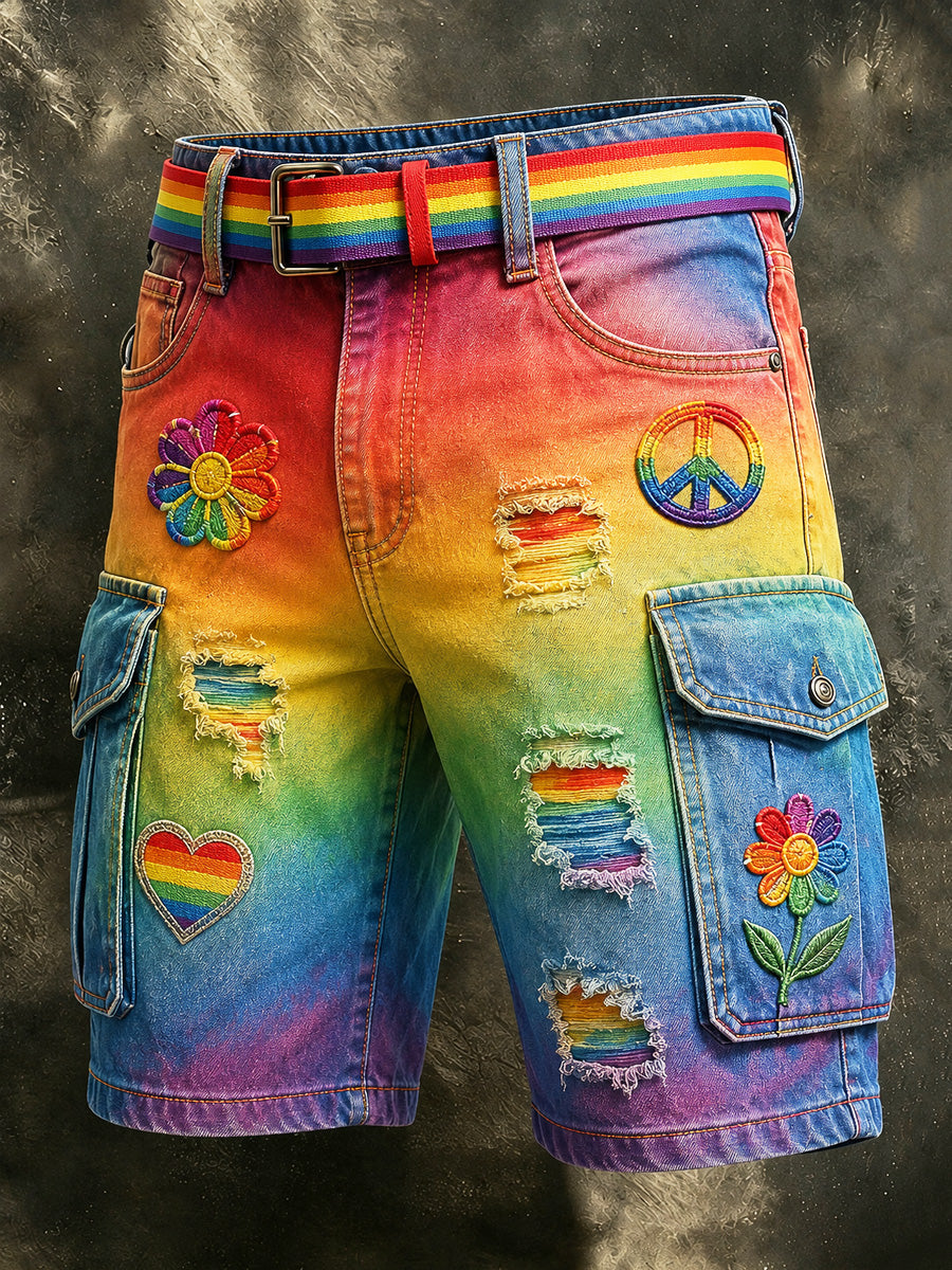 Men's Retro Pride Month Rainbow Art Print Casual Loose Pocket Work Shorts