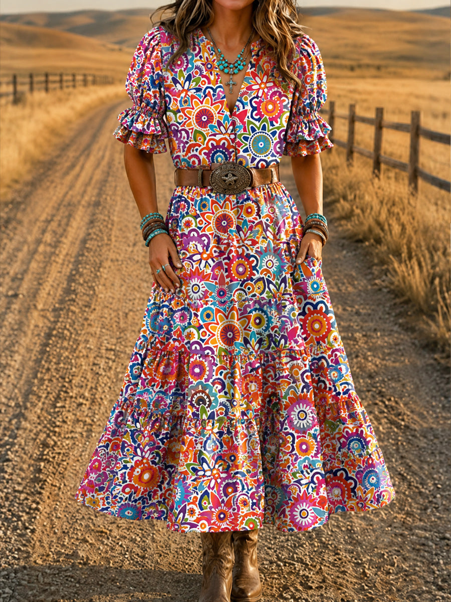 Women's Retro Art Print Washed Cotton Layered Patchwork Midi Dress