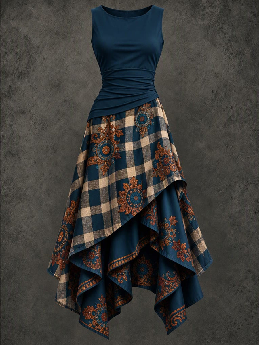 Retro Art Printed Vintage Sleeveless Irregularly Layered Stitched Midi Dress