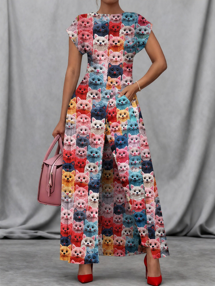 Retro Style Art Print Vintage Long Split Shirts Dress Skinny Pants Two-Piece Set