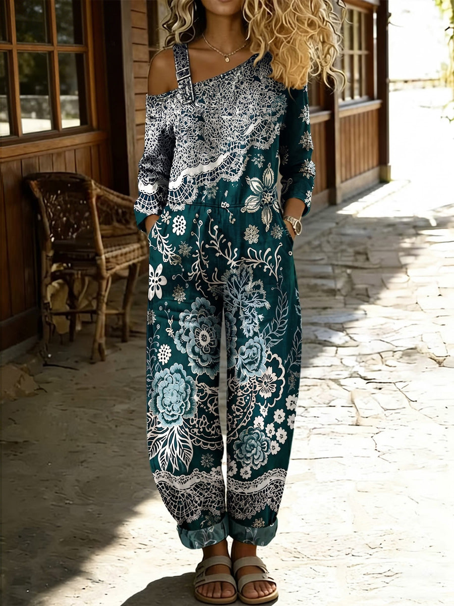 Women's Retro Style Art Print Washed Cotton Denim Patchwork Jumpsuit