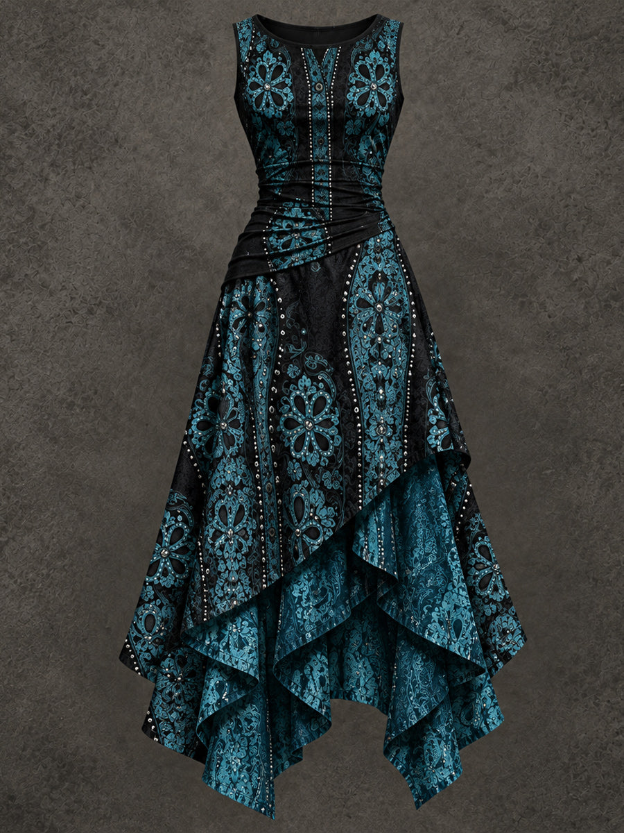 Retro Art Printed Vintage Sleeveless Irregularly Layered Stitched Midi Dress