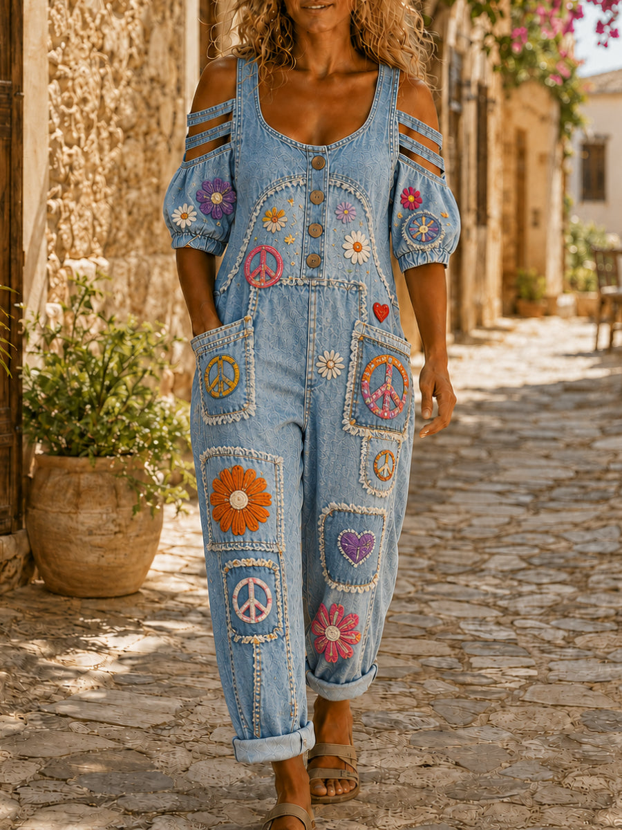 Women's Casual Short Sleeve Denim Patchwork Jumpsuit