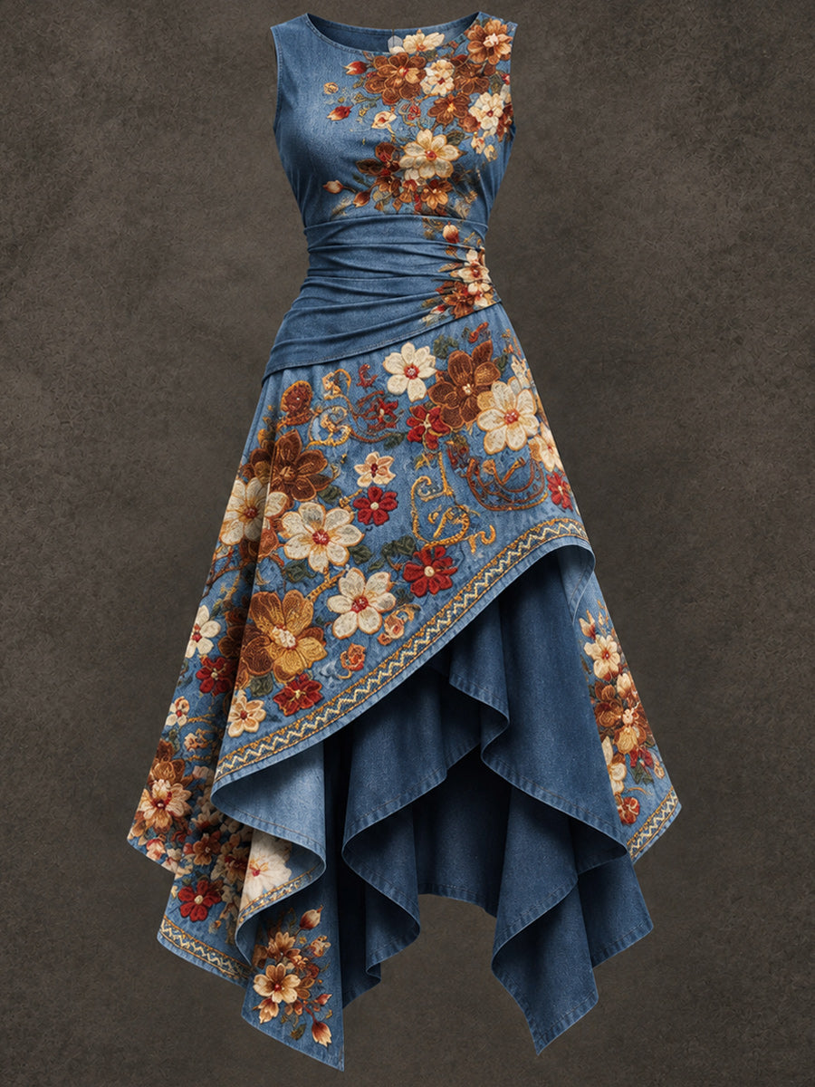 Retro Art Printed Vintage Sleeveless Irregularly Layered Stitched Midi Dress