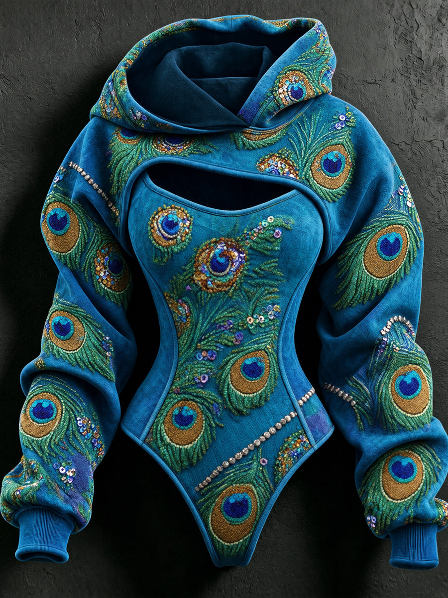 Women's Vintage Art Stretch Bodysuit Hooded Sweatshirt Two-Piece Set