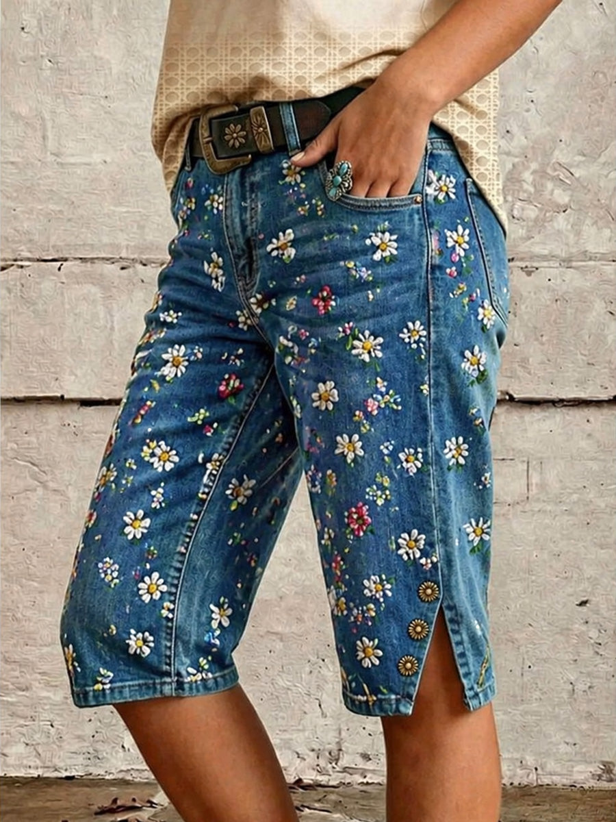 Vintage Floral Print Casual Denim Shorts