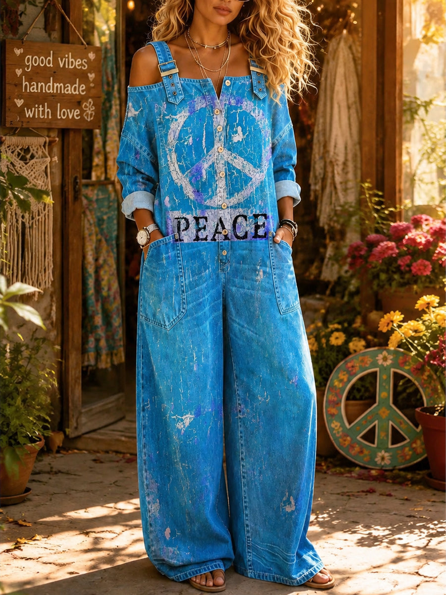 Women's Retro Style Art Print Washed Cotton Denim Off-The-Shoulder Jumpsuit