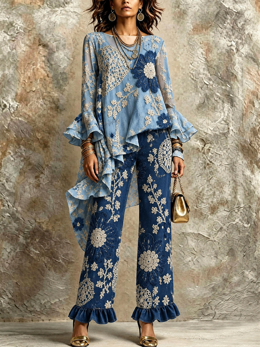 Retro Style Art Printed Wave-Shaped Irregular Oblique Long-Sleeved Top And Pants Set