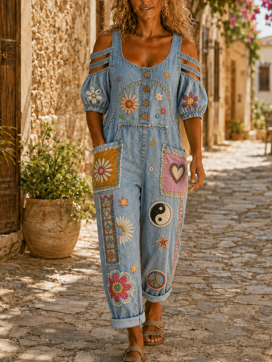 Women's Casual Short Sleeve Denim Patchwork Jumpsuit