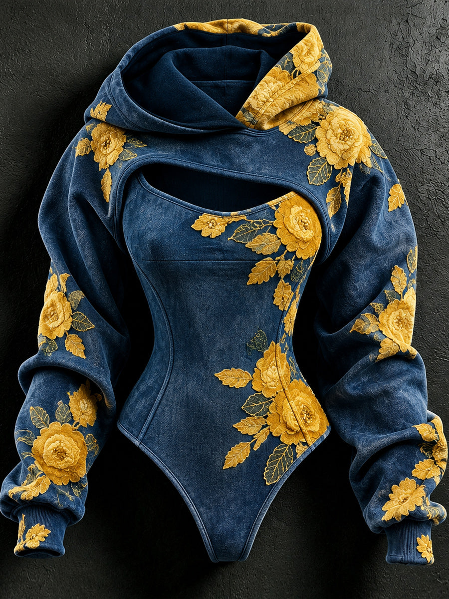 Women's Vintage Art Stretch Bodysuit Hooded Sweatshirt Two-Piece Set