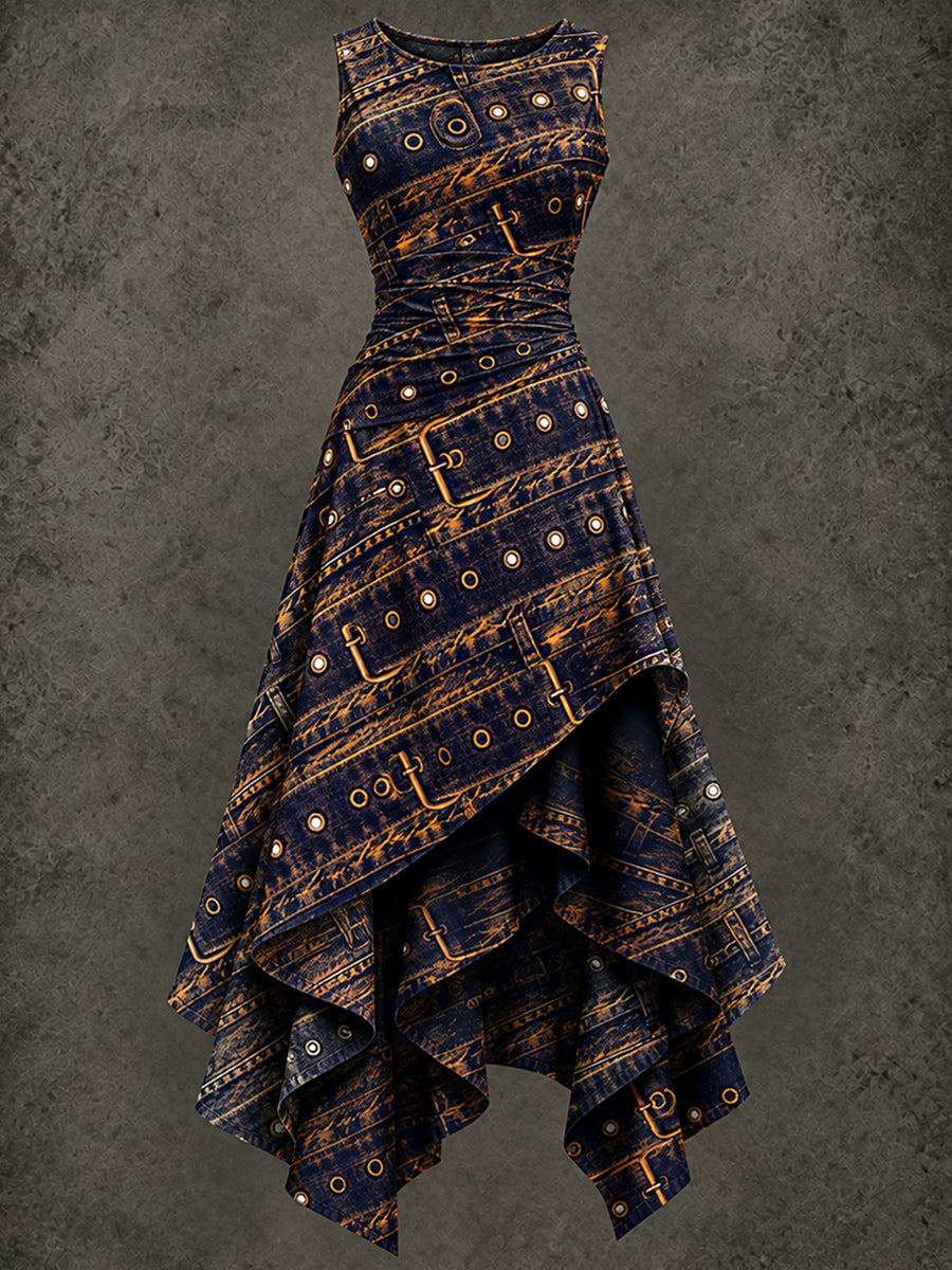 Retro Art Printed Vintage Sleeveless Irregularly Layered Stitched Midi Dress