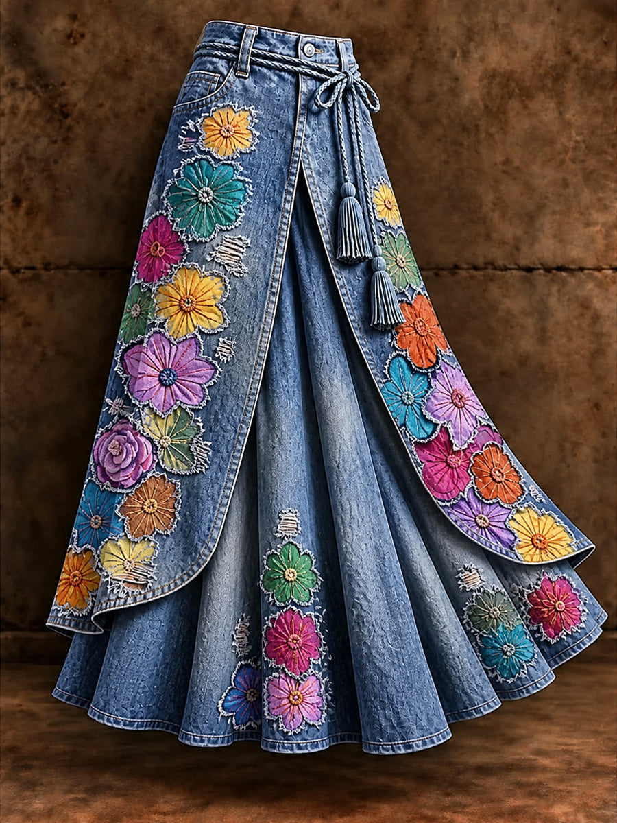 Women's Vintage Floral Asymmetrical Midi Skirt