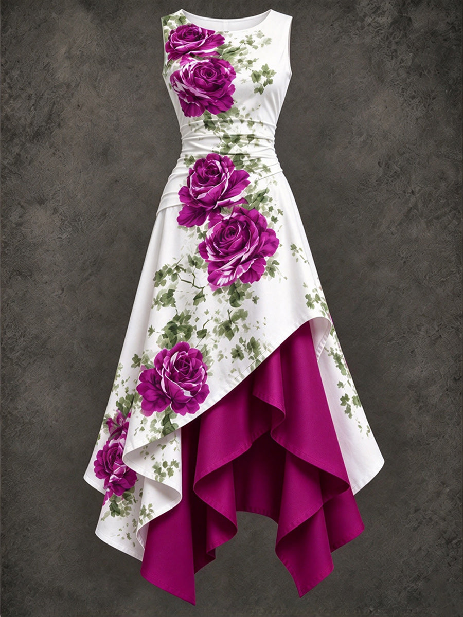 Retro Art Printed Vintage Sleeveless Irregularly Layered Stitched Midi Dress