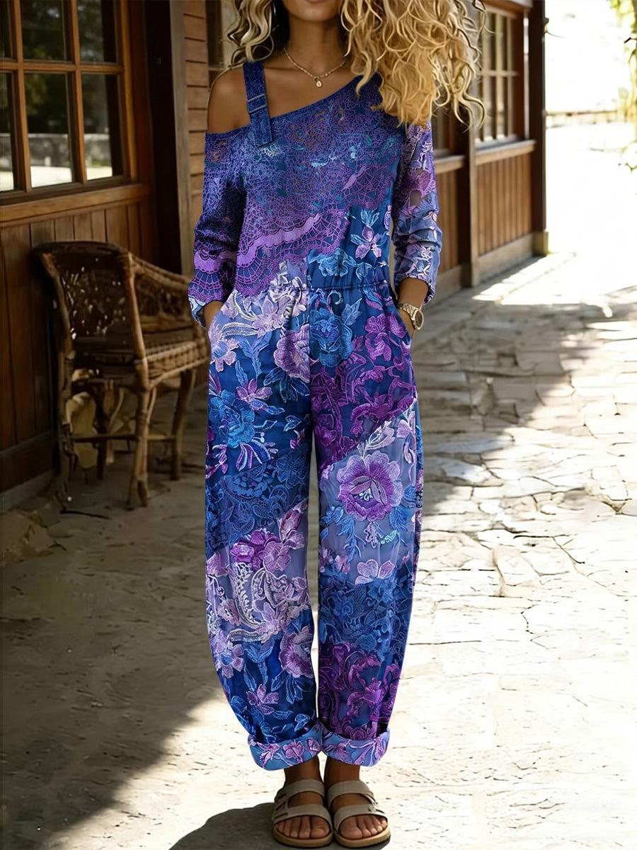 Women's Retro Style Art Print Washed Cotton Denim Patchwork Jumpsuit