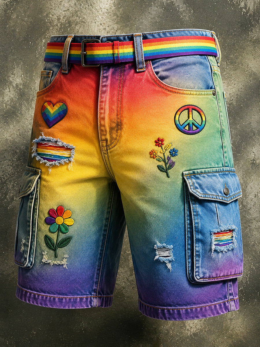 Men's Retro Pride Month Rainbow Art Print Casual Loose Pocket Work Shorts