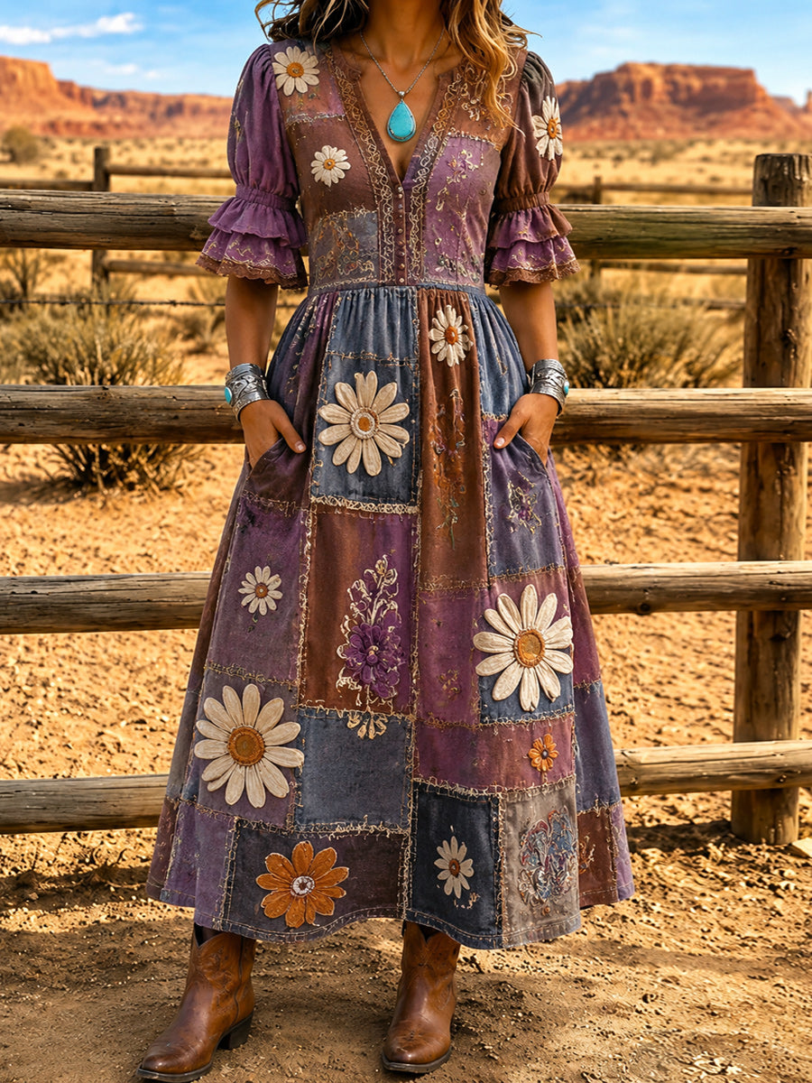 Women's Retro Hippy Art Print Washed Cotton Lace Patchwork Midi Dress