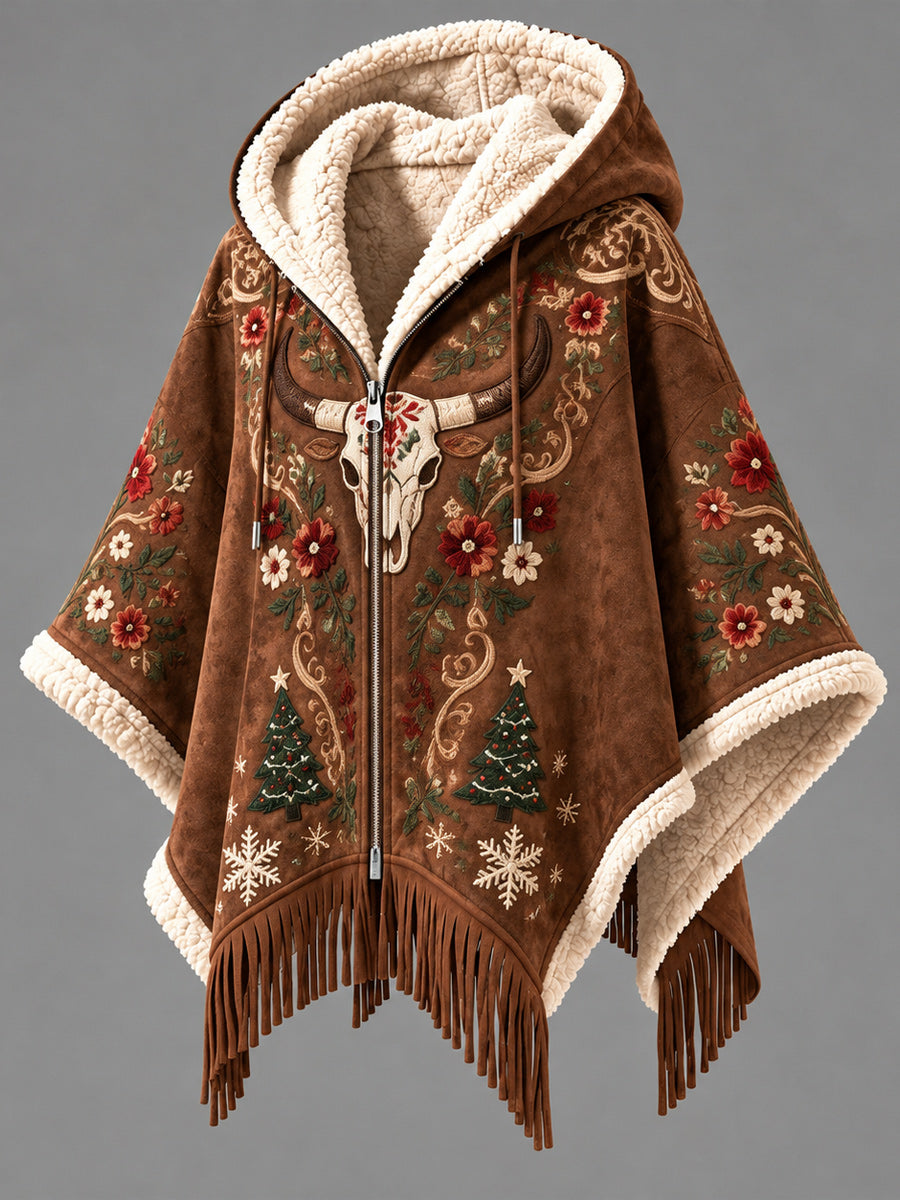 Women's Fall Winter Vintage Art Fleece-Lined Hooded Fringe Poncho
