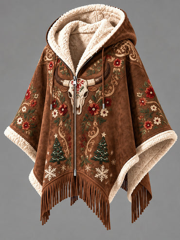 Women's Fall Winter Vintage Art Fleece-Lined Hooded Fringe Poncho