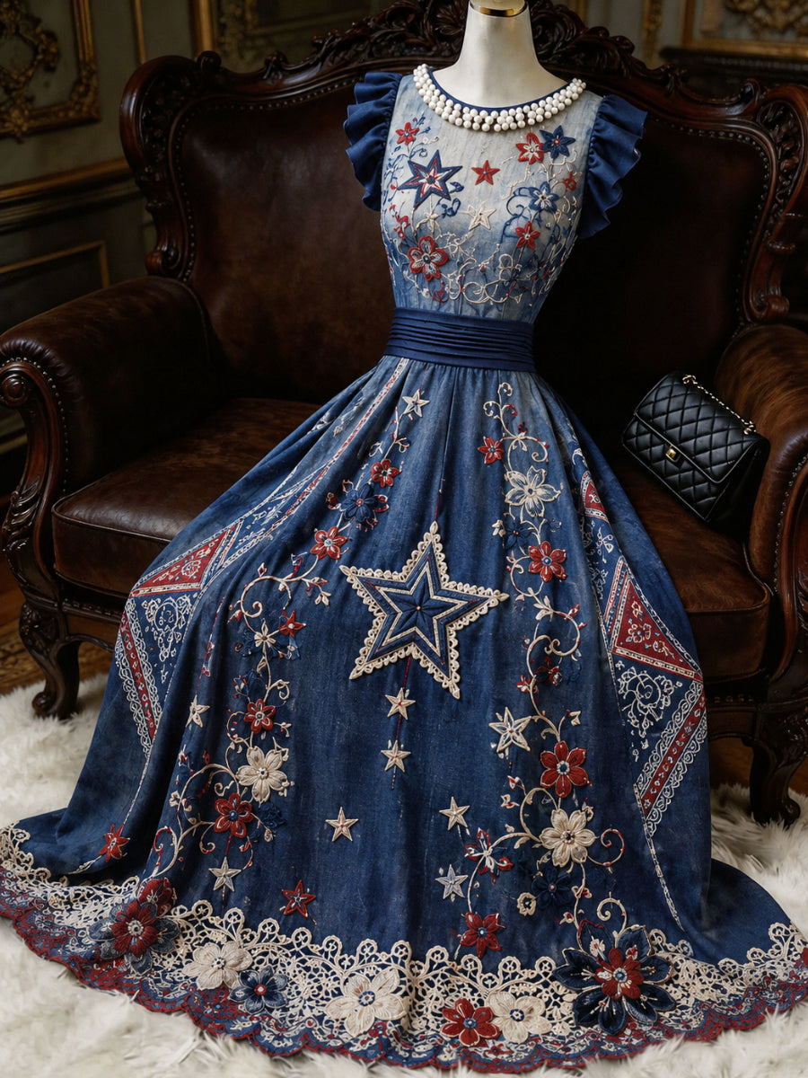 Retro Floral Art Printed Elegant V-Neck Ruffled Sleeves Maxi Dress