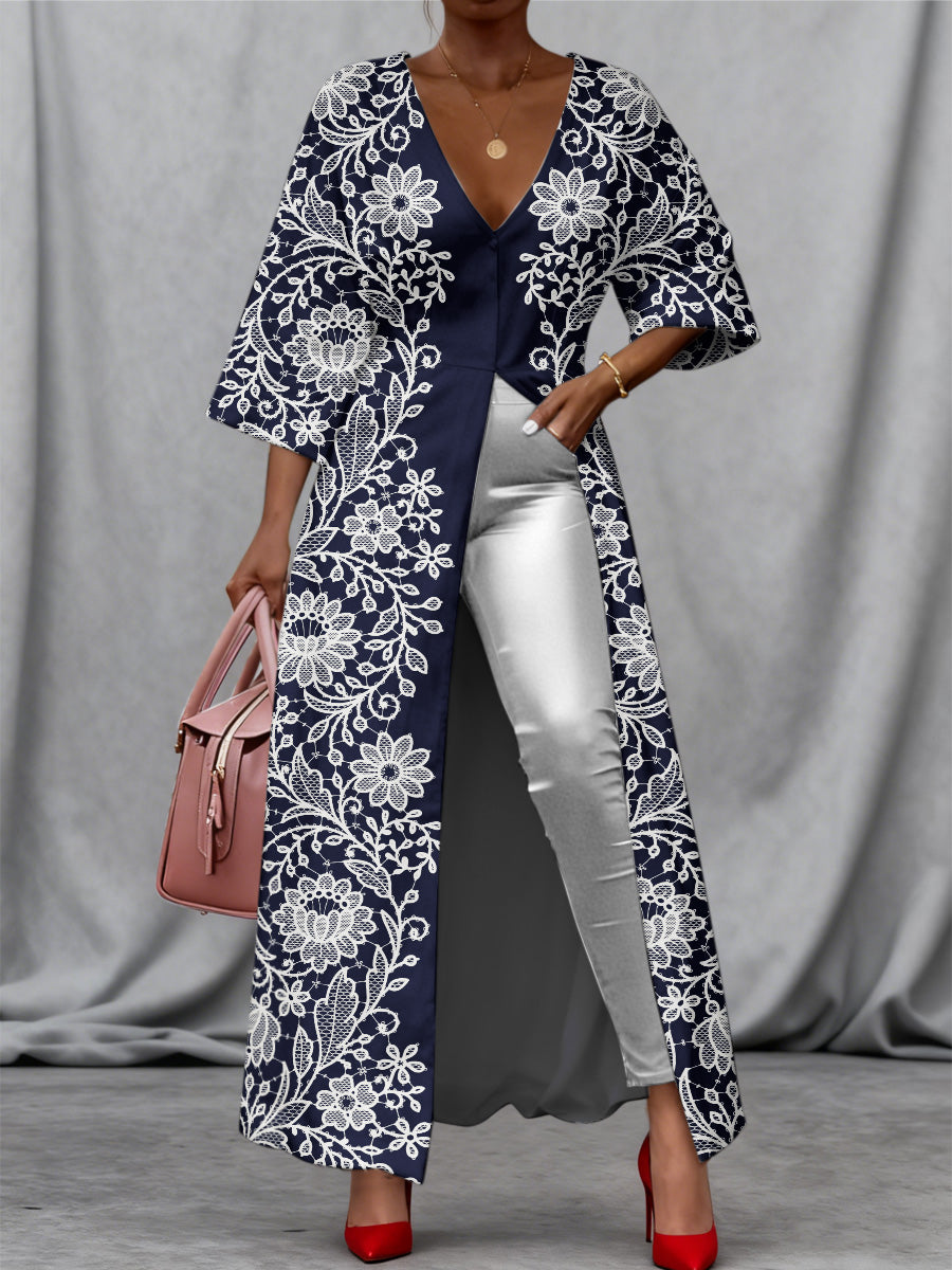 Retro Boho Floral Art Print Vintage Long Split Shirts Dress Skinny Pants Two-Piece Set