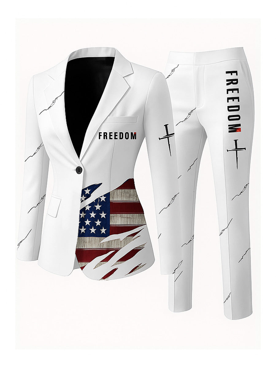 Women's Freedom American Flag Print Casual Blazer Trousers Two-Piece Suits