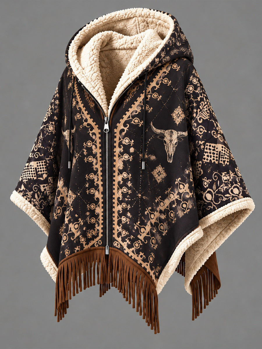 Women's Fall Winter Vintage Art Fleece-Lined Hooded Fringe Poncho